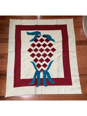 Handmade Pineapple Quilt Top 27"x23" Red Cream Blue Bow Appliqué Vintage